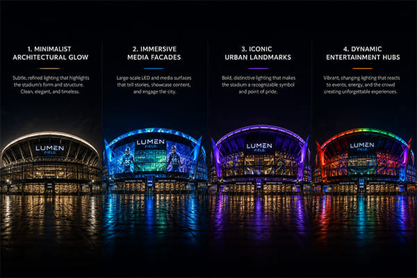 Four different stadium lighting concepts side-by-side